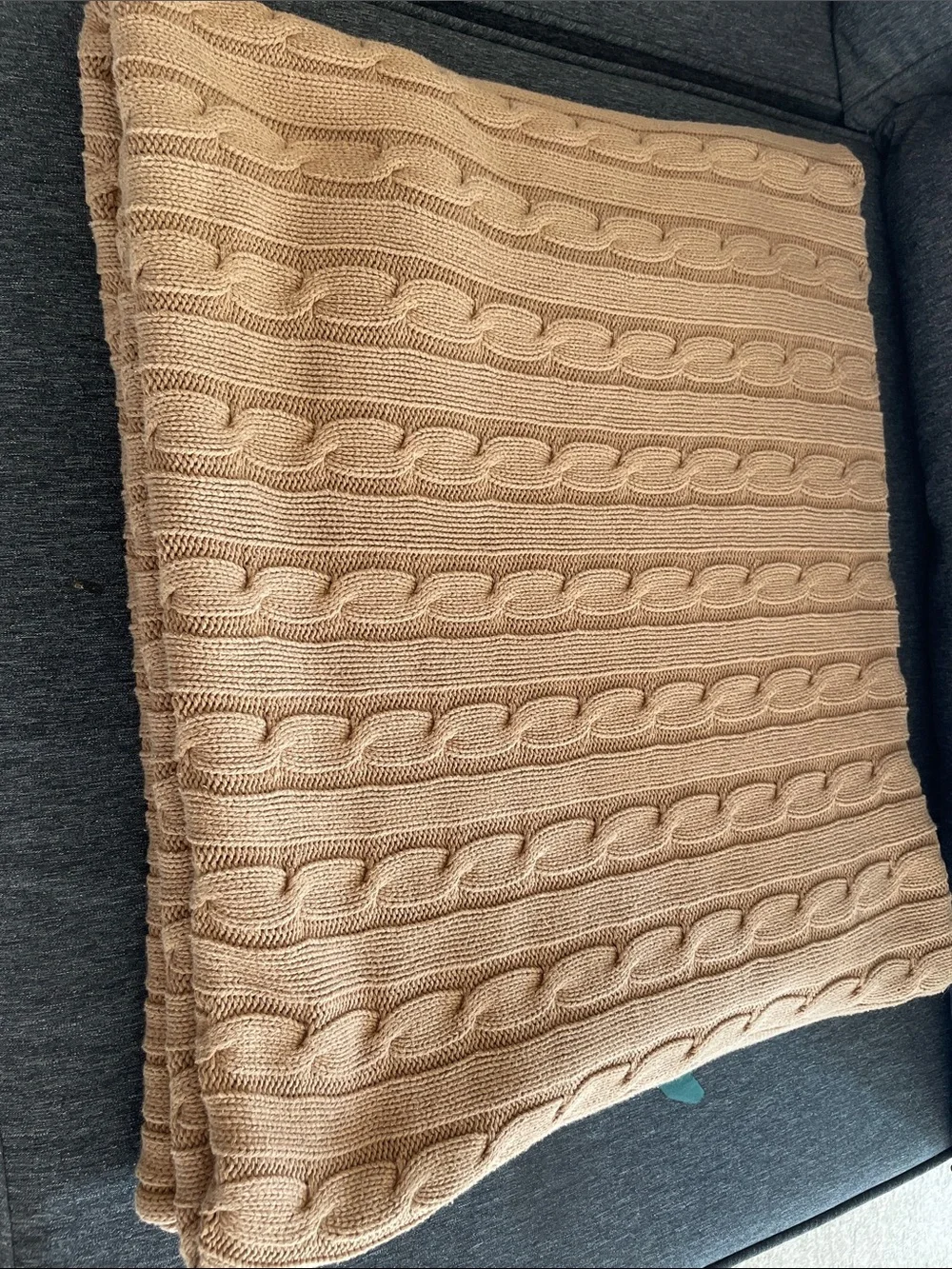 Ralph Lauren cable knit wrap blanket throw cotton camel beige 54 x 72”